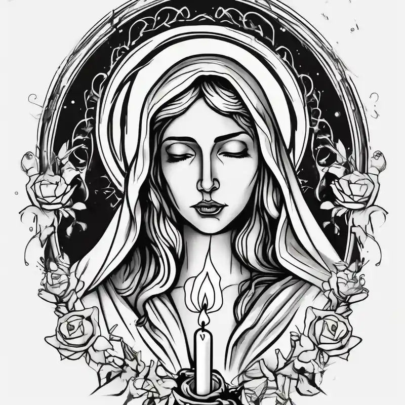 virgin maria holds 1 candle in her hand, tattoo should be full color fishing tattoos – Acuarela, Blanco y negro